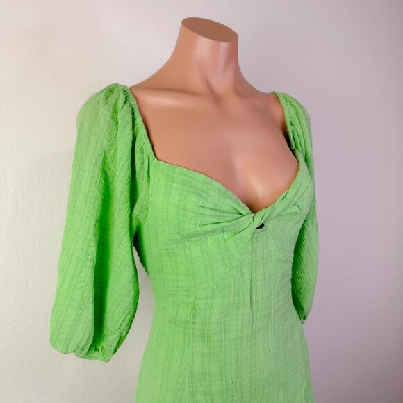 Billabong Sol Gauzy Puff Sleeve Mini Dress Bright Meadow Green Summer Size L NEW - Picture 4 of 12
